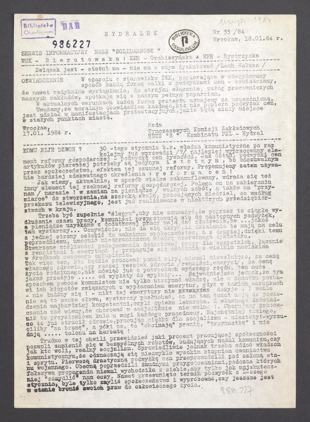 Hydralek&nbsp;: serwis informacyjny NSZZ &bdquo;Solidarność&rdquo; WSK&nbsp;Bierutowska, ZEH&nbsp;Grabiszyńska, WPH&nbsp;Bystrzycka. 1984, numer&nbsp;35