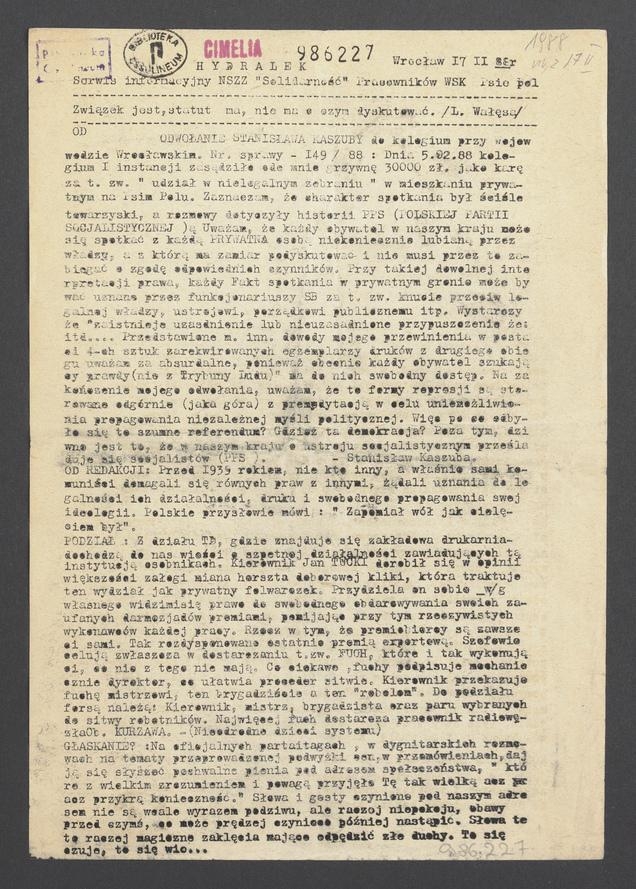 Hydralek&nbsp;: serwis informacyjny NSZZ &bdquo;Solidarność&rdquo; Pracownik&oacute;w WSK Psie Pole. 1988.02.17