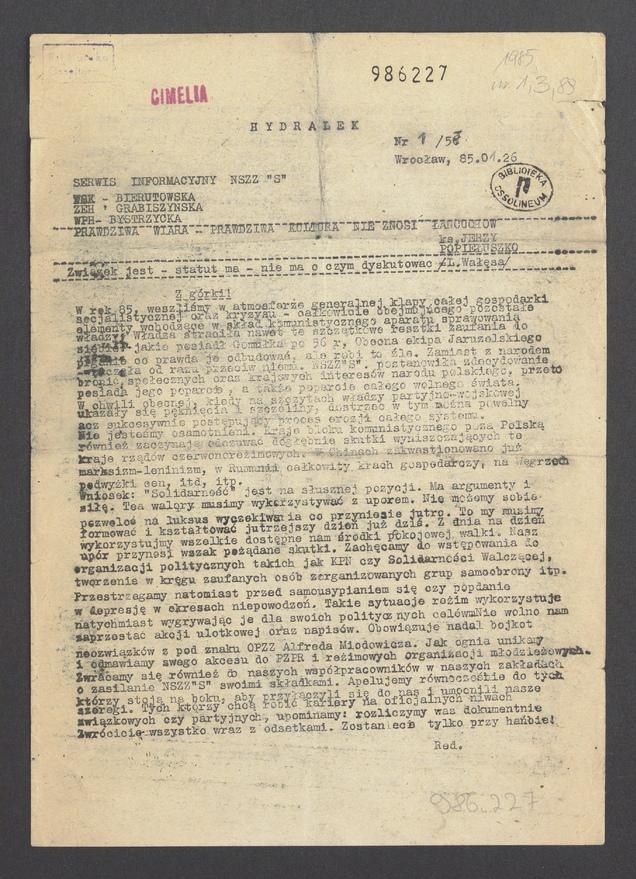 Hydralek&nbsp;: serwis informacyjny NSZZ &bdquo;Solidarność&rdquo; WSK&nbsp;Bierutowska, ZEH&nbsp;Grabiszyńska, WPH&nbsp;Bystrzycka. 1985, numer&nbsp;1