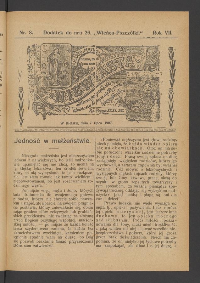 Niewiasta : dodatek do numeru 26 „Wieńca-Pszczółki”. Rok 7, 1907, numer 8
