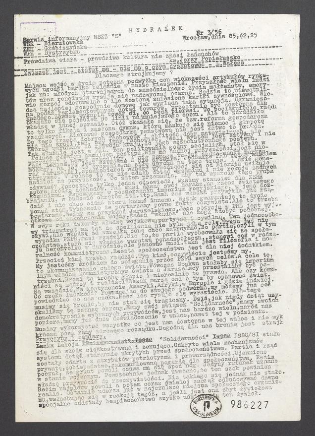 Hydralek&nbsp;: serwis informacyjny NSZZ &bdquo;Solidarność&rdquo; WSK&nbsp;Bierutowska, ZEH&nbsp;Grabiszyńska, WPH&nbsp;Bystrzycka. 1985, numer&nbsp;3