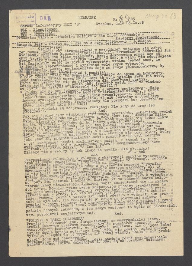 Hydralek&nbsp;: serwis informacyjny NSZZ &bdquo;Solidarność&rdquo; WSK&nbsp;Bierutowska, ZEH&nbsp;Grabiszyńska, WPH&nbsp;Bystrzycka. 1985, numer&nbsp;9