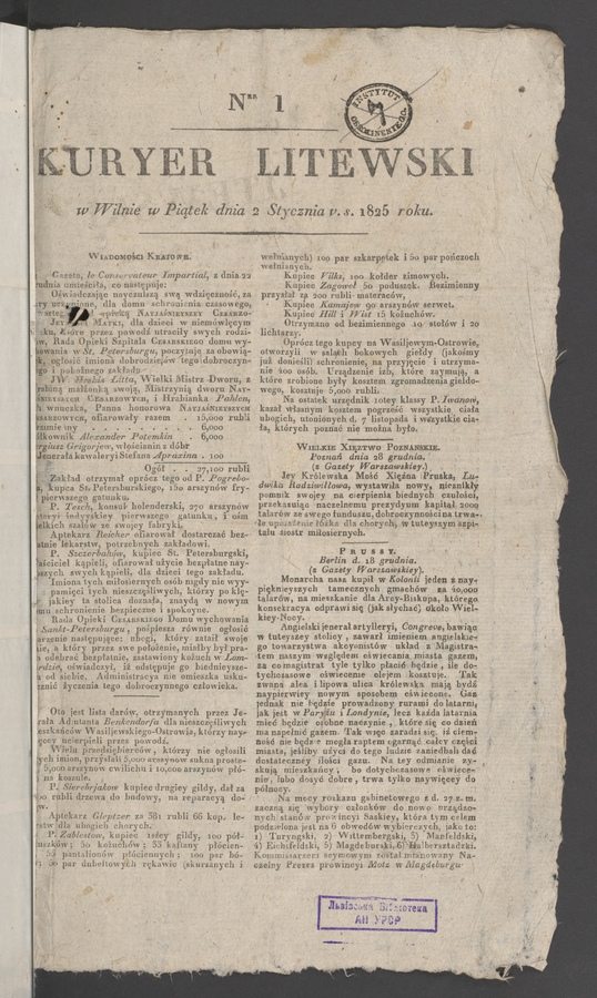 Kuryer Litewski. 1825, numer 1
