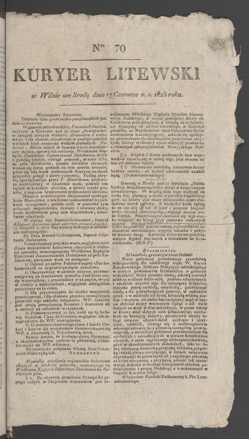 Kuryer Litewski. 1825, numer 70