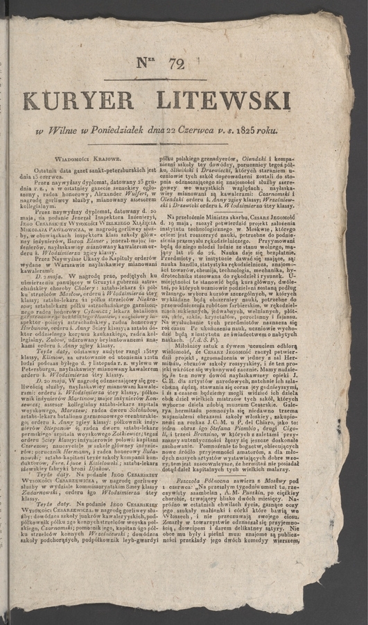 Kuryer Litewski. 1825, numer 72