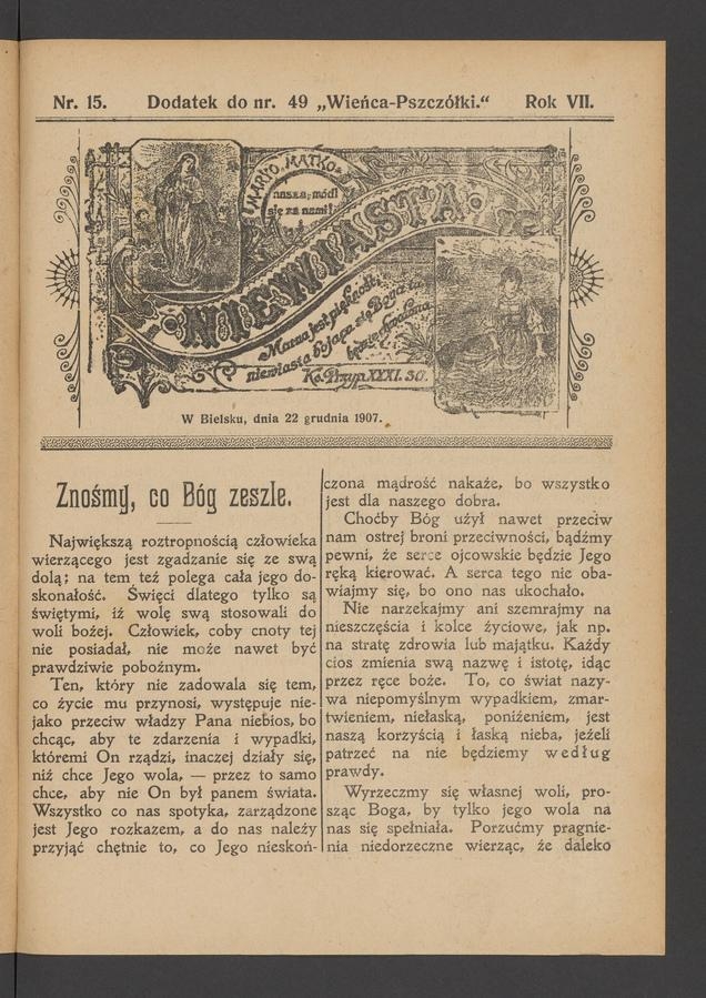 Niewiasta : dodatek do numeru 49 „Wieńca-Pszczółki”. Rok 7, 1907, numer 15