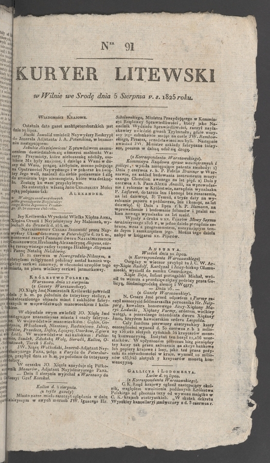 Kuryer Litewski. 1825, numer 91