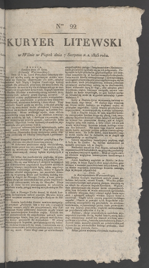 Kuryer Litewski. 1825, numer 92