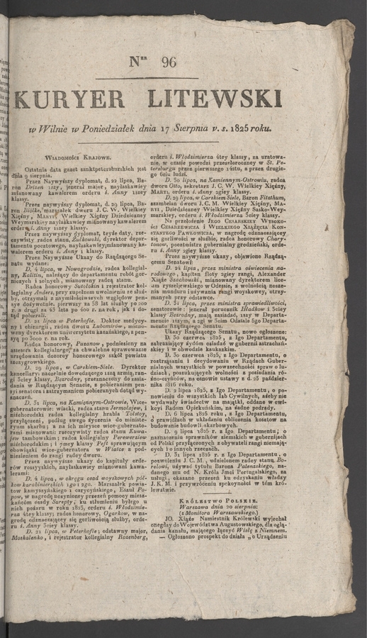 Kuryer Litewski. 1825, numer 96