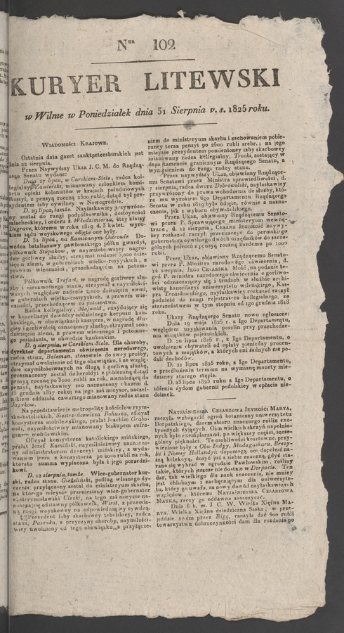 Kuryer Litewski. 1825, numer 102
