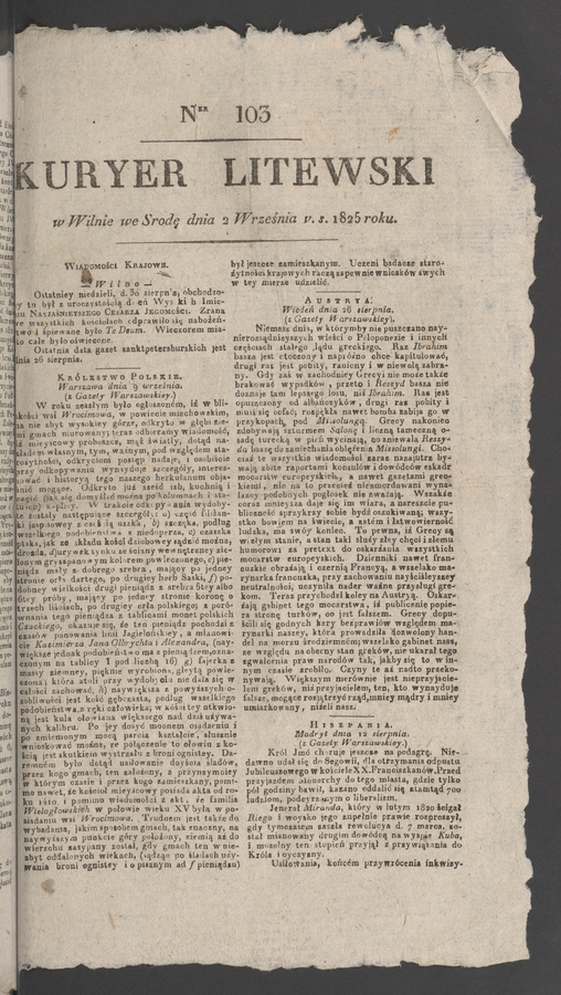 Kuryer Litewski. 1825, numer 103