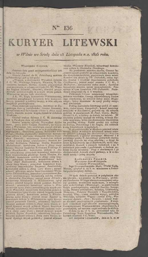 Kuryer Litewski. 1825, numer 136