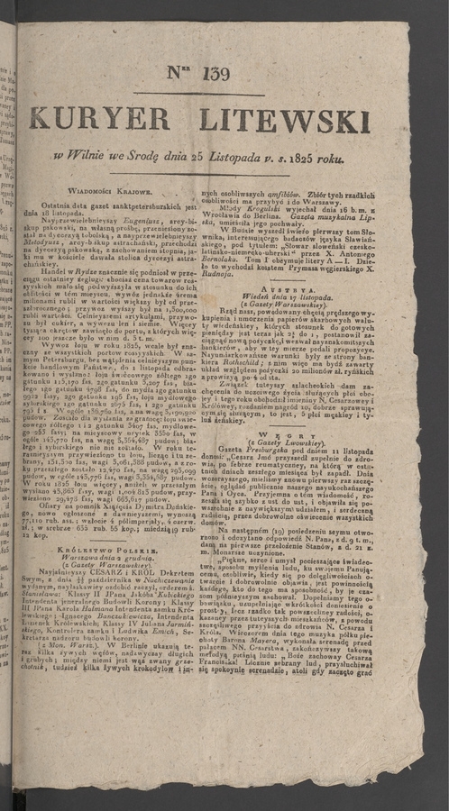 Kuryer Litewski. 1825, numer 139