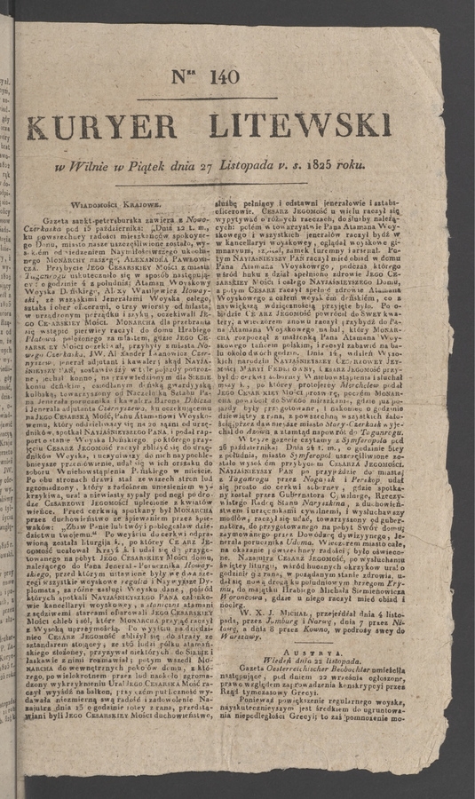Kuryer Litewski. 1825, numer 140