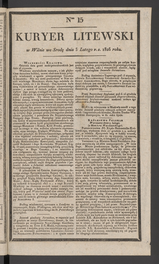 Kuryer Litewski. 1826, numer 15