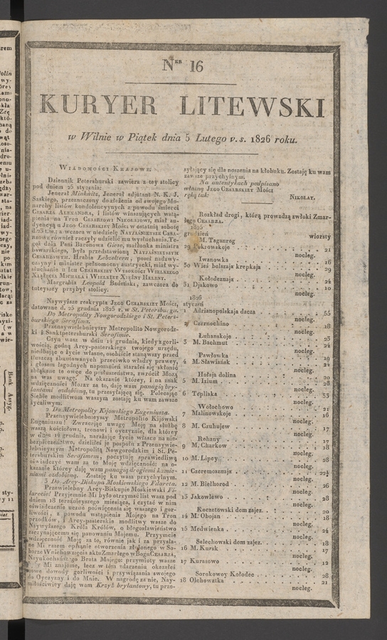 Kuryer Litewski. 1826, numer 16