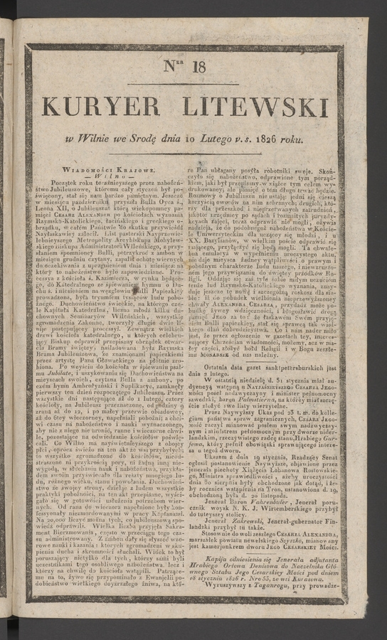 Kuryer Litewski. 1826, numer 18