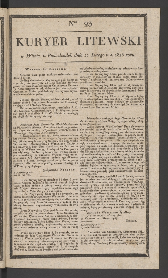 Kuryer Litewski. 1826, numer 23