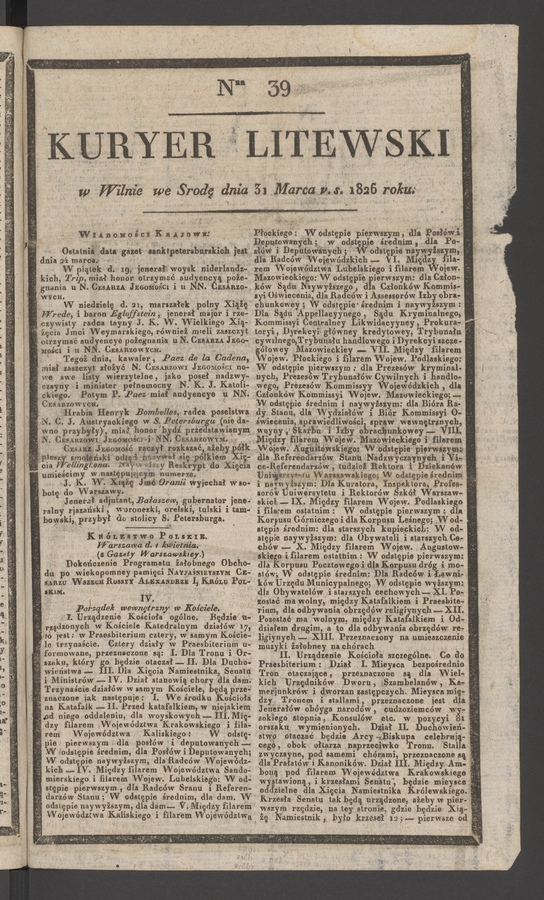Kuryer Litewski. 1826, numer 39