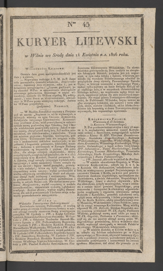 Kuryer Litewski. 1826, numer 45