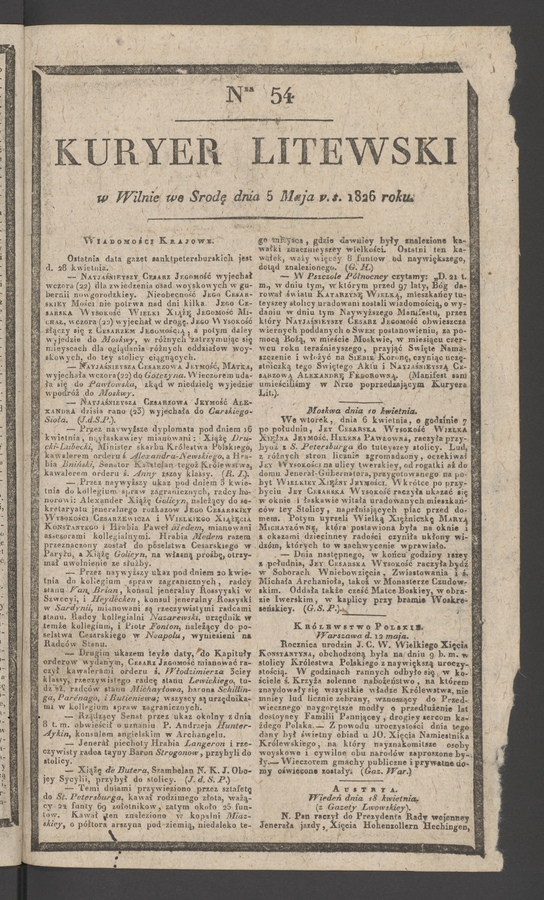 Kuryer Litewski. 1826, numer 54