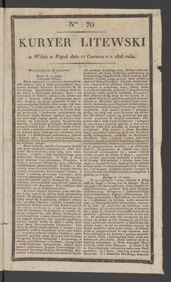 Kuryer Litewski. 1826, numer 70