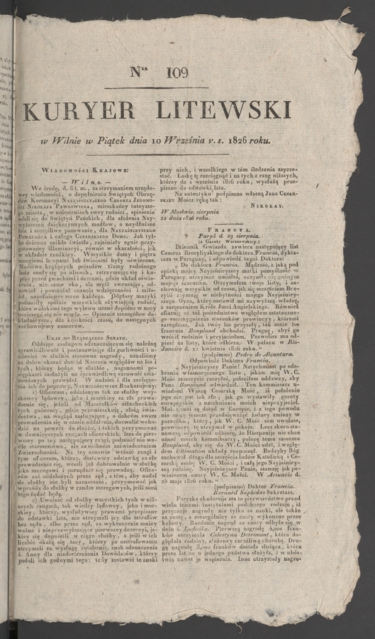 Kuryer Litewski. 1826, numer 109