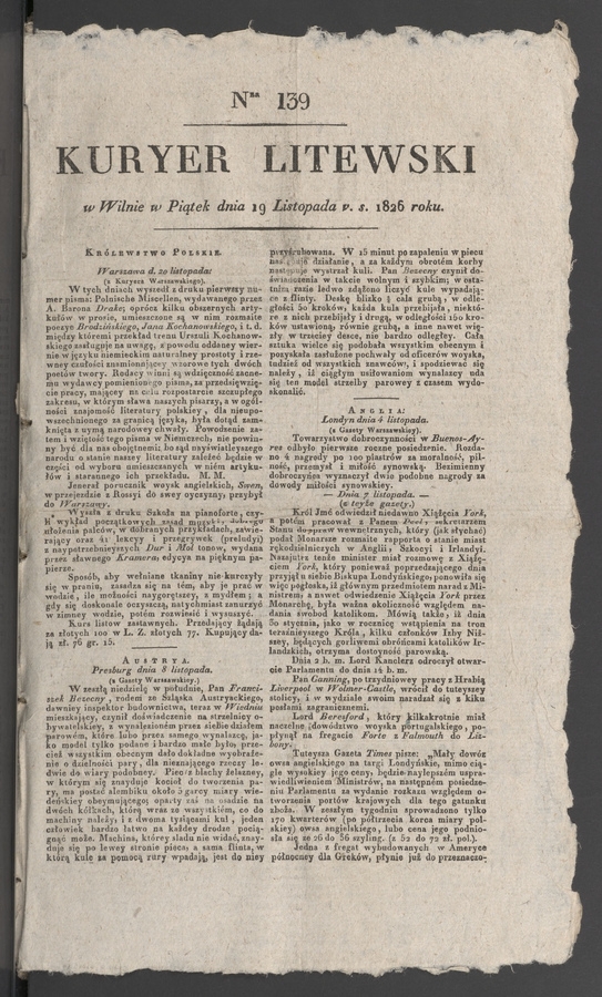 Kuryer Litewski. 1826, numer 139