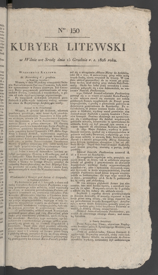 Kuryer Litewski. 1826, numer 150