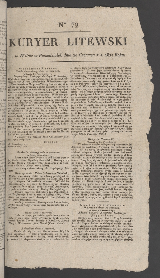 Kuryer Litewski. 1827, numer 72
