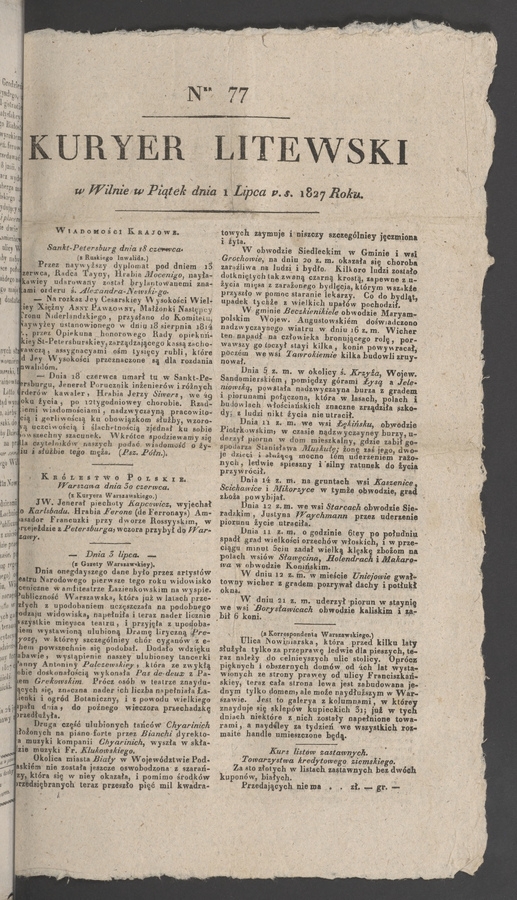 Kuryer Litewski. 1827, numer 77