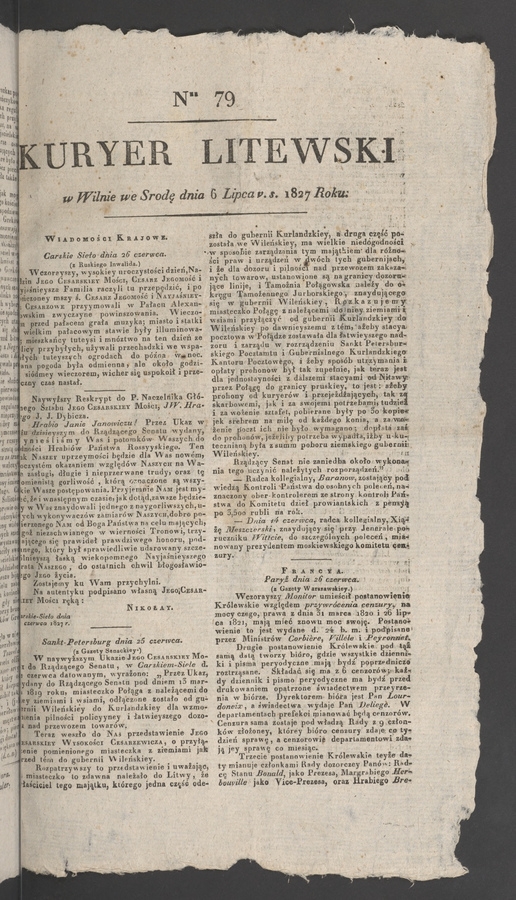 Kuryer Litewski. 1827, numer 79