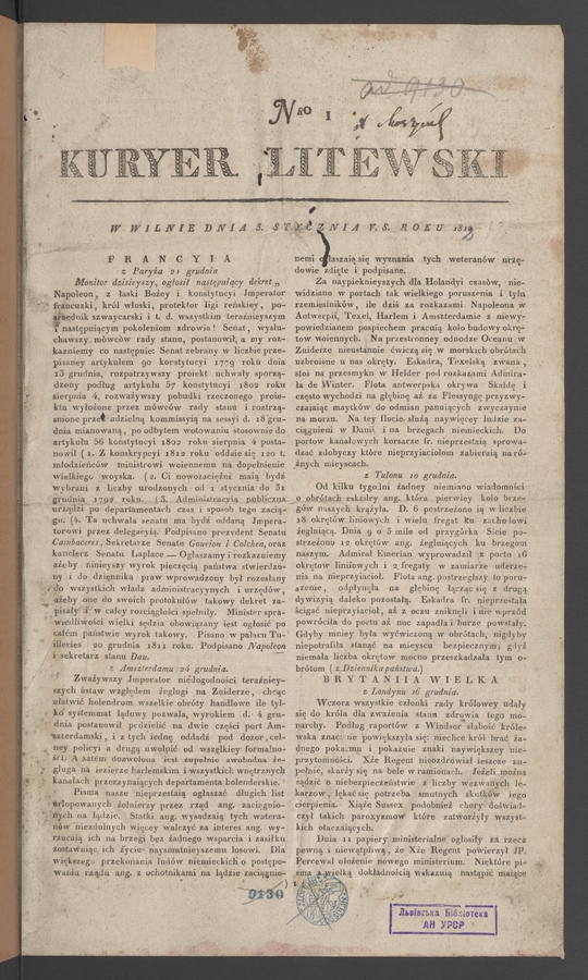 Kuryer Litewski. 1812, numero 1