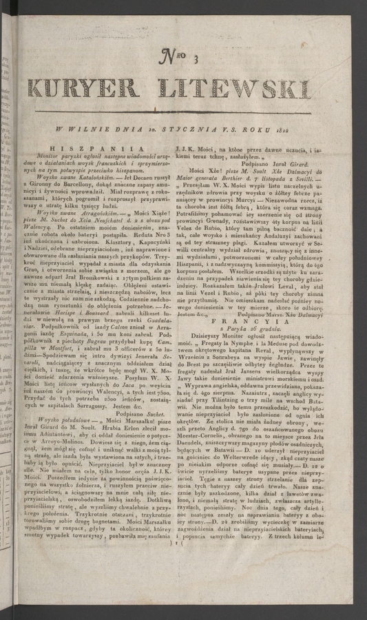 Kuryer Litewski. 1812, numero 3