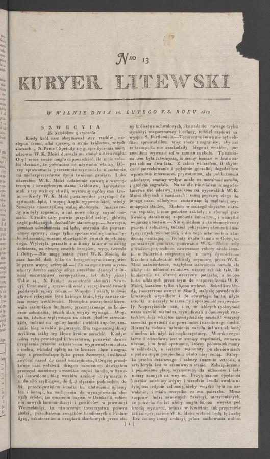 Kuryer Litewski. 1812, numero 13
