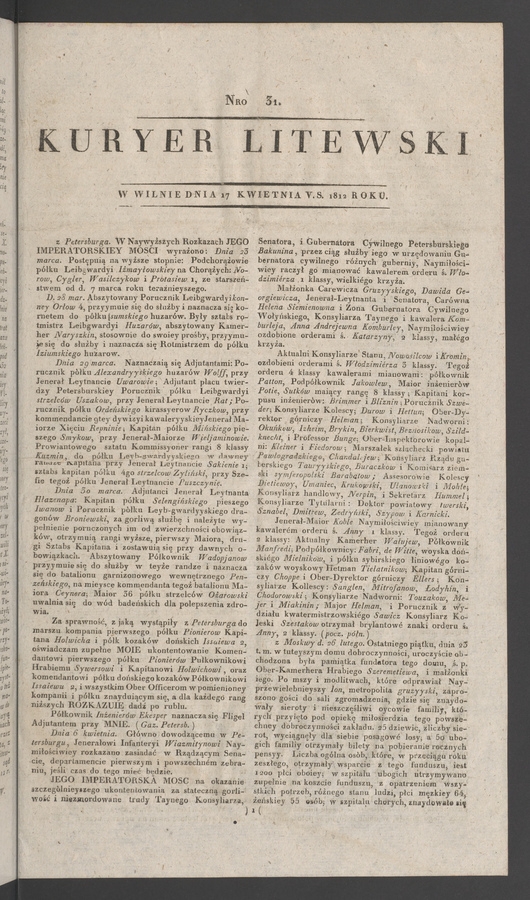 Kuryer Litewski. 1812, numero 31