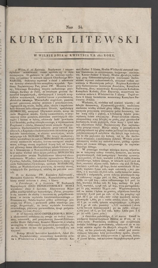 Kuryer Litewski. 1812, numero 34