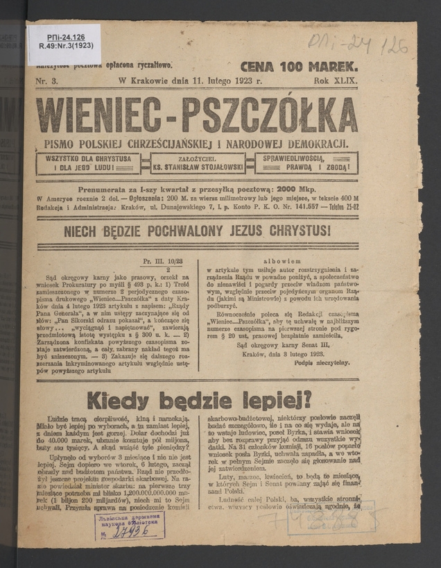 Wieniec-Pszczółka : pismo polskiej chrześcijańskiej i narodowej demokracji. Rok 49, 1923, numer 3