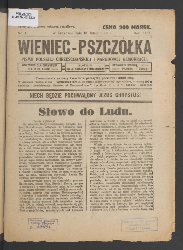 Wieniec-Pszczółka : pismo polskiej chrześcijańskiej i narodowej demokracji. Rok 49, 1923, numer 4