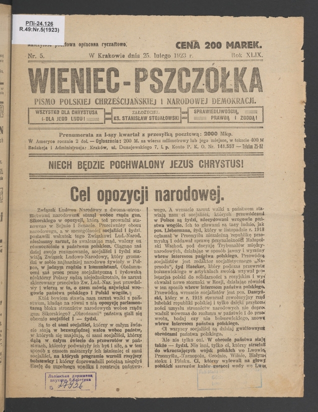 Wieniec-Pszczółka : pismo polskiej chrześcijańskiej i narodowej demokracji. Rok 49, 1923, numer 5
