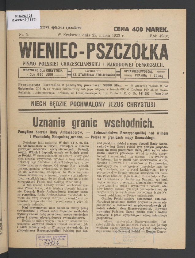 Wieniec-Pszczółka : pismo polskiej chrześcijańskiej i narodowej demokracji. Rok 49, 1923, numer 9