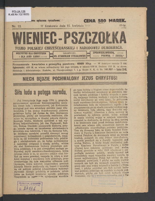 Wieniec-Pszczółka : pismo polskiej chrześcijańskiej i narodowej demokracji. Rok 49, 1923, numer 12