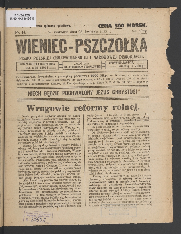 Wieniec-Pszczółka : pismo polskiej chrześcijańskiej i narodowej demokracji. Rok 49, 1923, numer 13