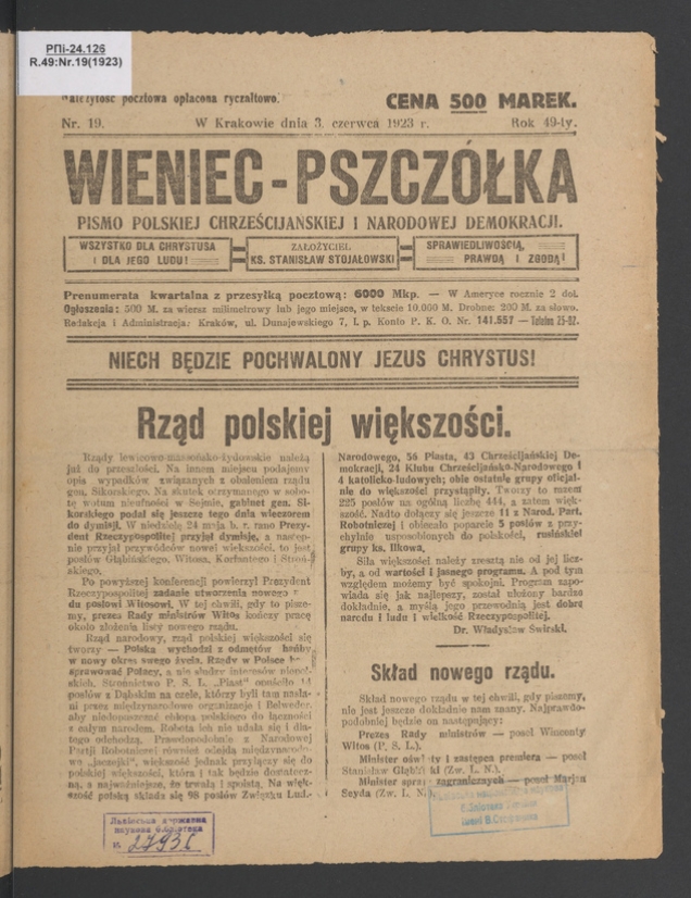 Wieniec-Pszczółka : pismo polskiej chrześcijańskiej i narodowej demokracji. Rok 49, 1923, numer 19