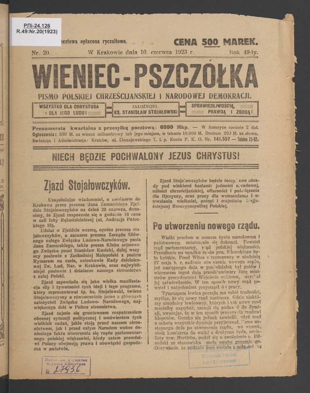 Wieniec-Pszczółka : pismo polskiej chrześcijańskiej i narodowej demokracji. Rok 49, 1923, numer 20