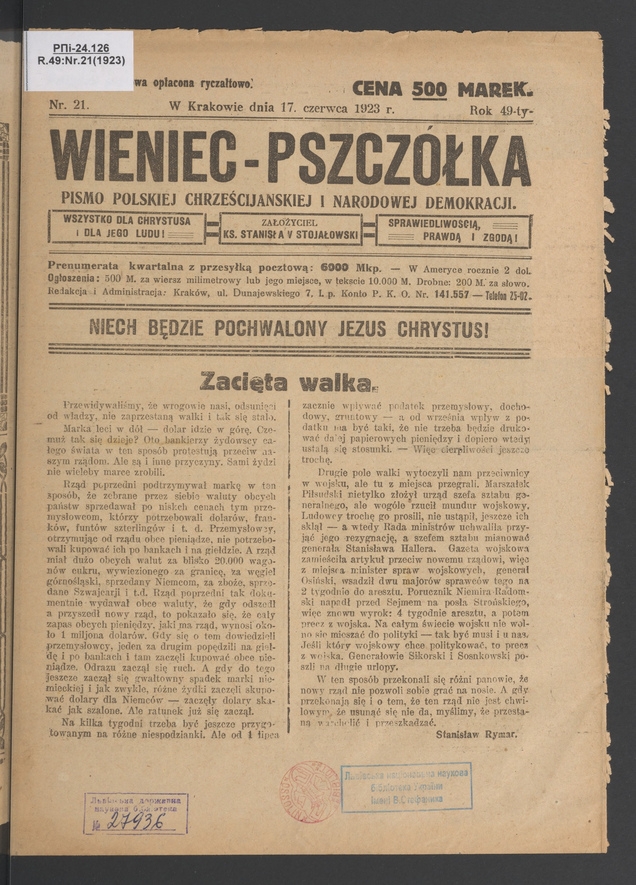 Wieniec-Pszczółka : pismo polskiej chrześcijańskiej i narodowej demokracji. Rok 49, 1923, numer 21