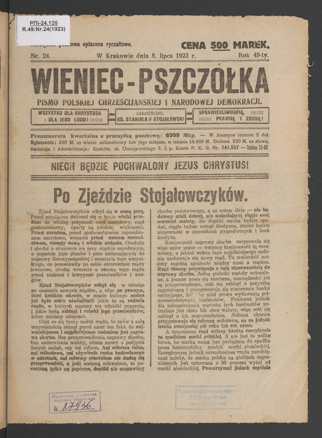 Wieniec-Pszczółka : pismo polskiej chrześcijańskiej i narodowej demokracji. Rok 49, 1923, numer 24