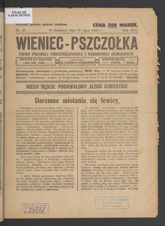 Wieniec-Pszczółka : pismo polskiej chrześcijańskiej i narodowej demokracji. Rok 49, 1923, numer 25