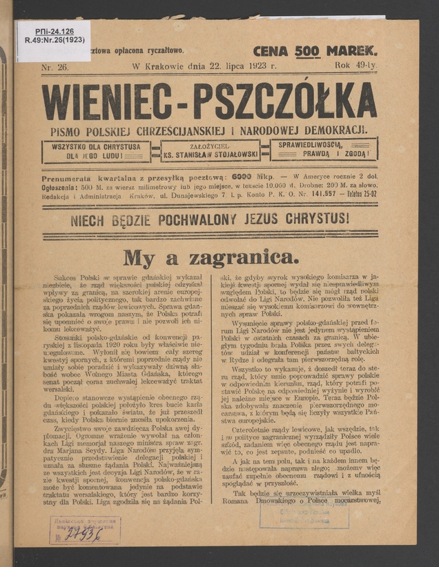 Wieniec-Pszczółka : pismo polskiej chrześcijańskiej i narodowej demokracji. Rok 49, 1923, numer 26