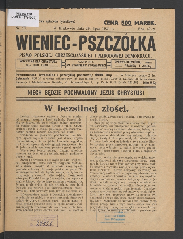 Wieniec-Pszczółka : pismo polskiej chrześcijańskiej i narodowej demokracji. Rok 49, 1923, numer 27